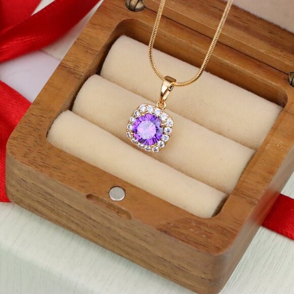 "Purple Round Stone Pendant in Gold Plated Brass with Crystal Halo, XPPT1772 - Picture 7 of 13
